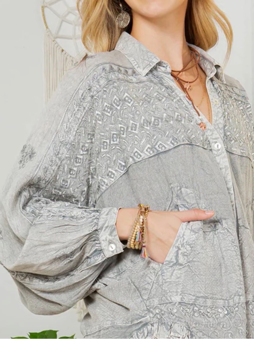 Elegant Gray Embroidered Button Down Shirt - Picture 3 of 13